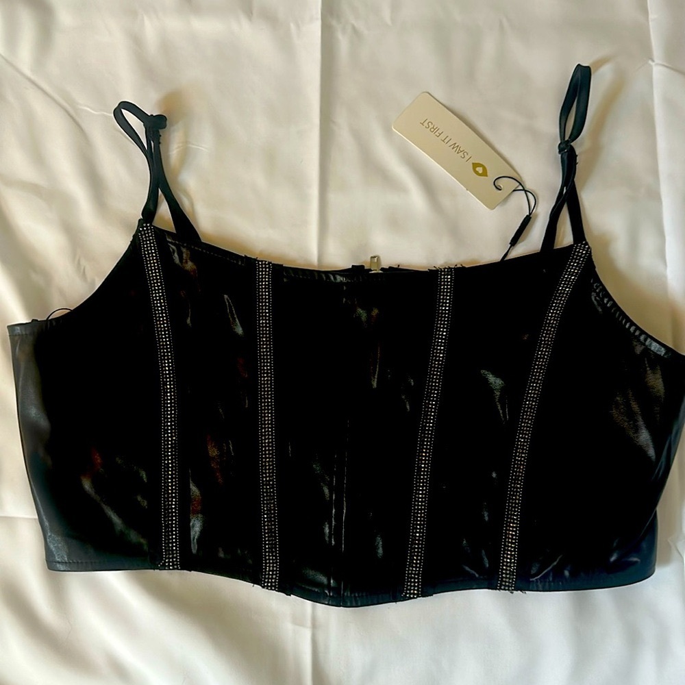 Black Leather Crop Top with Rhinestone Detailing